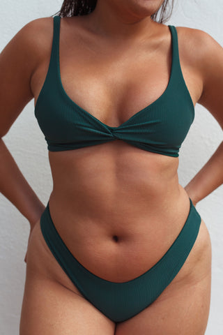 Women's High Cut Cheeky Bikini Bottoms | Cheeky Swimwear - Ribbed Emerald Green